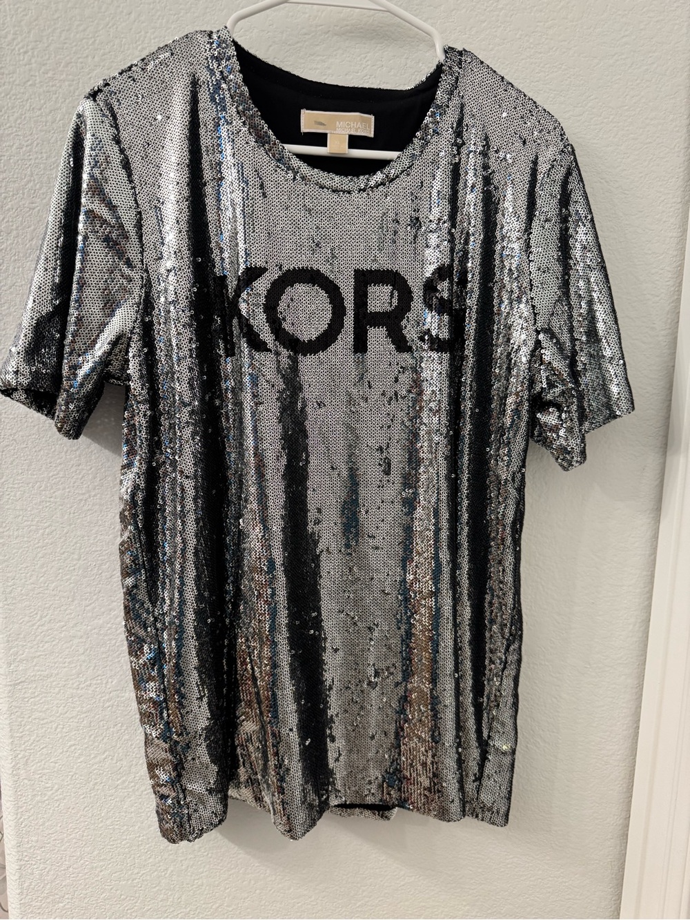 Michael Kors Silver Sequin Tee with Black Logo XL Women’s
